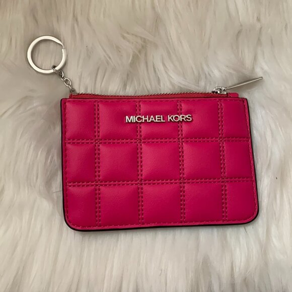 MICHAEL KORS Checkered Quilted Leather Coin Card Key Case in Dragonfruit - Picture 1 of 3